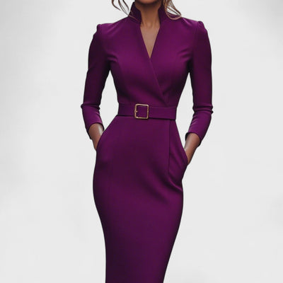 Sabina | Elegancka sukienka z paskiem i kołnierzem