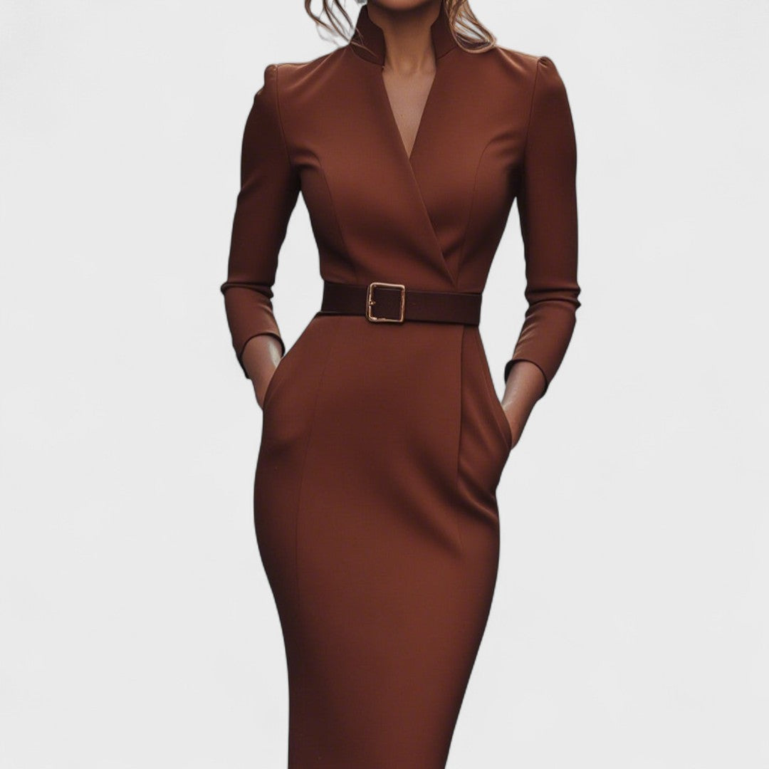 Sabina | Elegancka sukienka z paskiem i kołnierzem