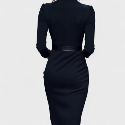 Sabina | Elegancka sukienka z paskiem i kołnierzem